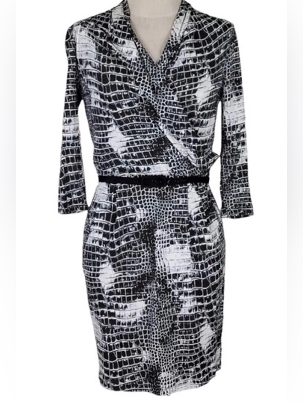 CATHERINE MALANDRINO Black/White Snakeskin Print Belted Silk Dress M - Picture 2 of 5